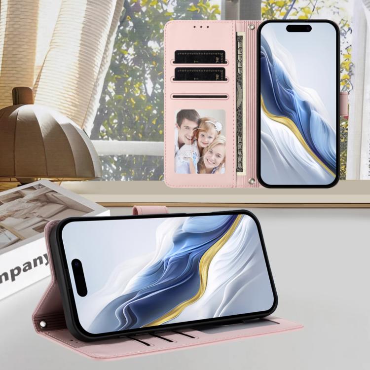 غطاء هاتف جلدي منقوش بقلب وقطة مع حزام يد، لهواتف iPhone Air، iPhone 16 Pro Max، iPhone 16 Pro، iPhone 16 Plus