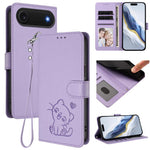 غطاء هاتف جلدي منقوش بقلب وقطة مع حزام يد، لهواتف iPhone Air، iPhone 16 Pro Max، iPhone 16 Pro، iPhone 16 Plus