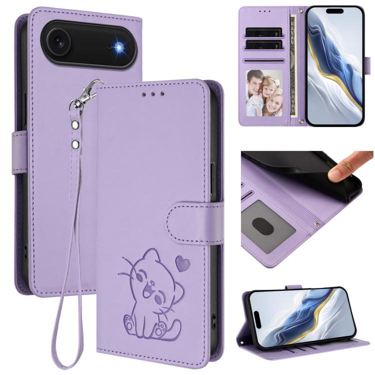 غطاء هاتف جلدي منقوش بقلب وقطة مع حزام يد، لهواتف iPhone Air، iPhone 16 Pro Max، iPhone 16 Pro، iPhone 16 Plus
