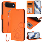 غطاء هاتف جلدي منقوش بقلب وقطة مع حزام يد، لهواتف iPhone Air، iPhone 16 Pro Max، iPhone 16 Pro، iPhone 16 Plus