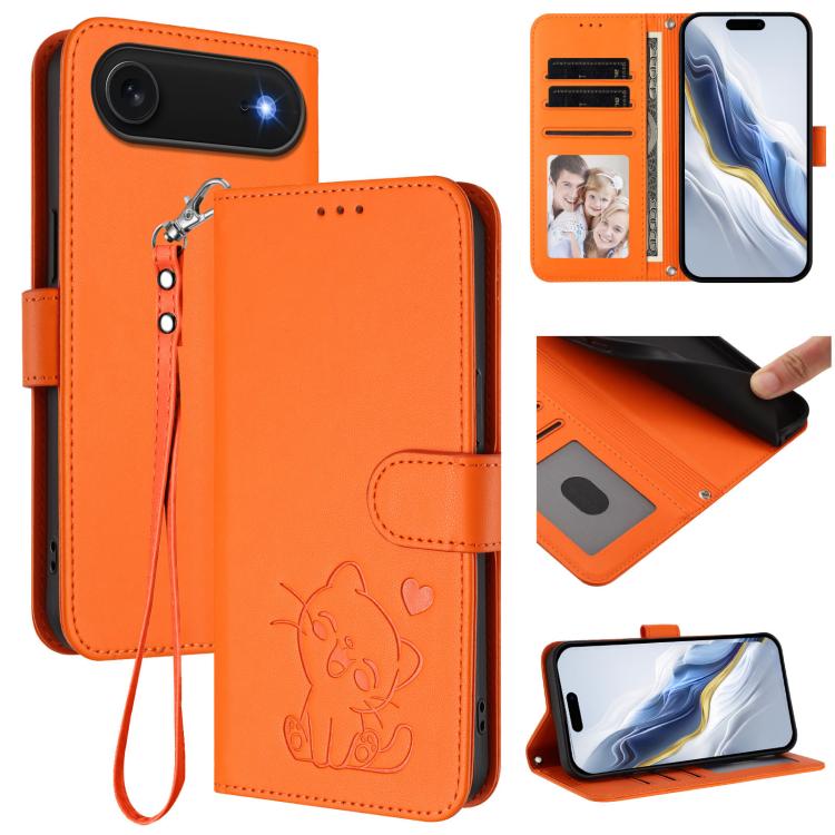 غطاء هاتف جلدي منقوش بقلب وقطة مع حزام يد، لهواتف iPhone Air، iPhone 16 Pro Max، iPhone 16 Pro، iPhone 16 Plus