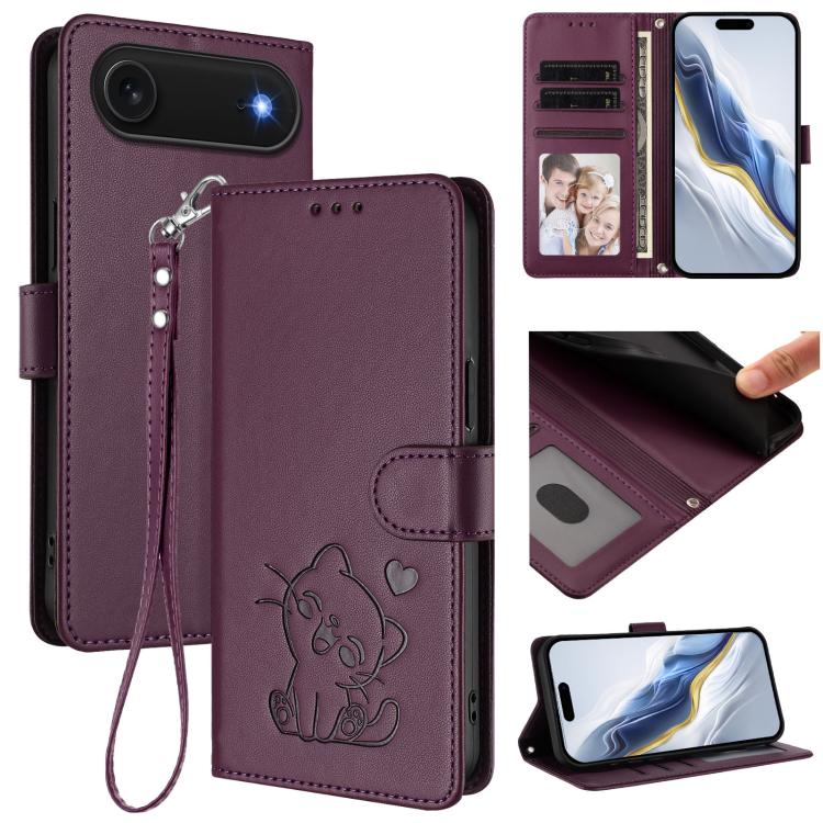 غطاء هاتف جلدي منقوش بقلب وقطة مع حزام يد، لهواتف iPhone Air، iPhone 16 Pro Max، iPhone 16 Pro، iPhone 16 Plus