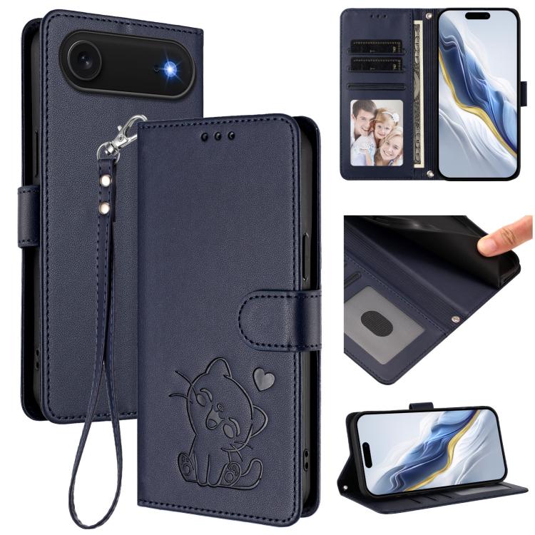 غطاء هاتف جلدي منقوش بقلب وقطة مع حزام يد، لهواتف iPhone Air، iPhone 16 Pro Max، iPhone 16 Pro، iPhone 16 Plus