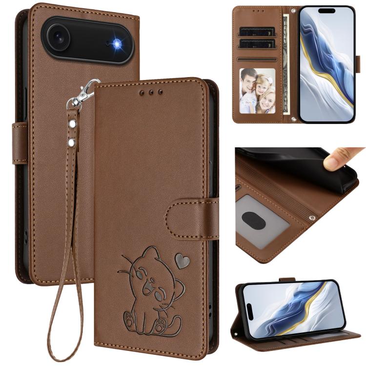 غطاء هاتف جلدي منقوش بقلب وقطة مع حزام يد، لهواتف iPhone Air، iPhone 16 Pro Max، iPhone 16 Pro، iPhone 16 Plus