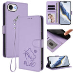 غطاء هاتف جلدي منقوش بقلب وقطة مع حزام يد، لهواتف iPhone 17e / 16e، iPhone 17 Pro Max، iPhone 17 Pro، iPhone 17