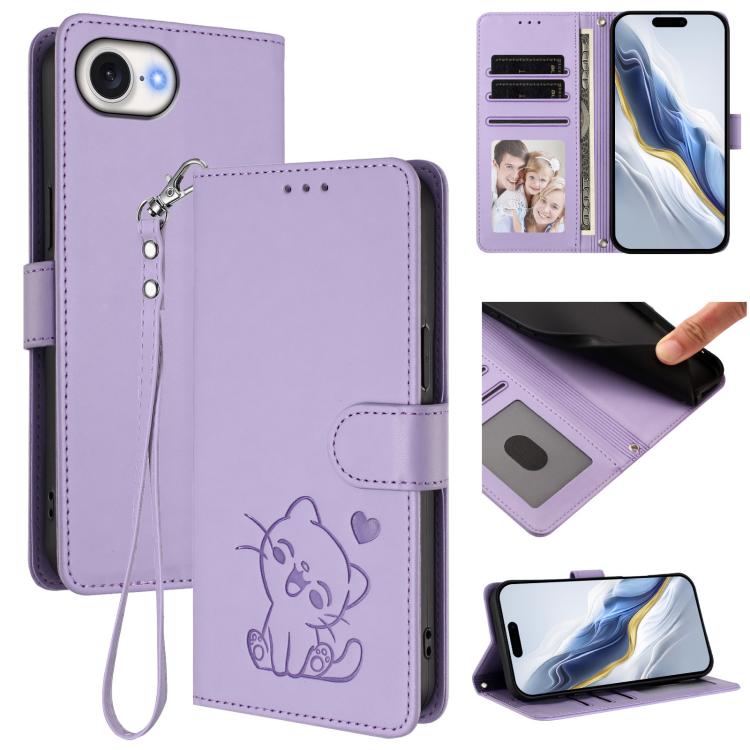 غطاء هاتف جلدي منقوش بقلب وقطة مع حزام يد، لهواتف iPhone 17e / 16e، iPhone 17 Pro Max، iPhone 17 Pro، iPhone 17
