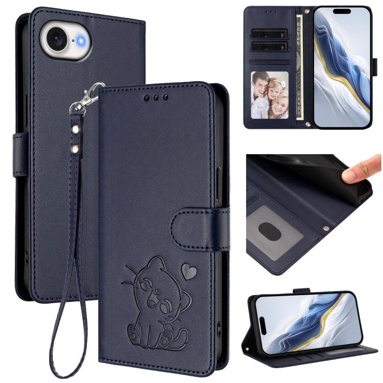 غطاء هاتف جلدي منقوش بقلب وقطة مع حزام يد، لهواتف iPhone 17e / 16e، iPhone 17 Pro Max، iPhone 17 Pro، iPhone 17