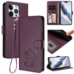 غطاء هاتف جلدي منقوش بقلب وقطة مع حزام يد، لهواتف iPhone Air، iPhone 16 Pro Max، iPhone 16 Pro، iPhone 16 Plus