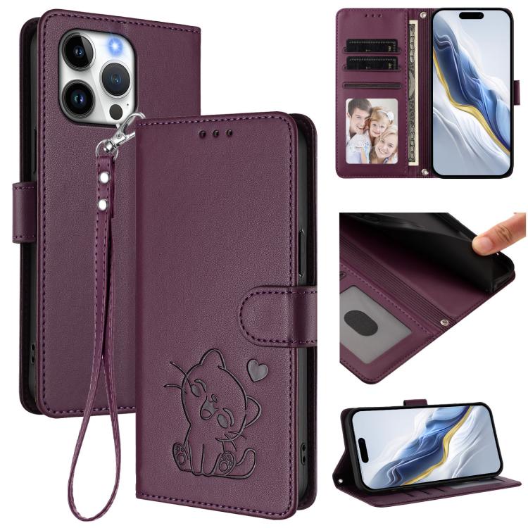 غطاء هاتف جلدي منقوش بقلب وقطة مع حزام يد، لهواتف iPhone Air، iPhone 16 Pro Max، iPhone 16 Pro، iPhone 16 Plus