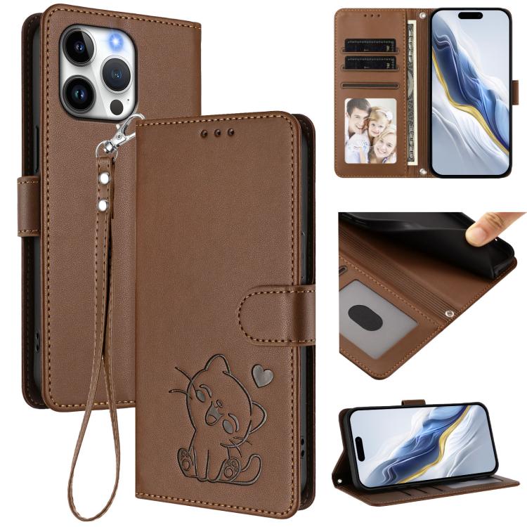 غطاء هاتف جلدي منقوش بقلب وقطة مع حزام يد، لهواتف iPhone Air، iPhone 16 Pro Max، iPhone 16 Pro، iPhone 16 Plus