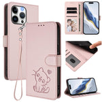 غطاء هاتف جلدي منقوش بقلب وقطة مع حزام يد، لهواتف iPhone Air، iPhone 16 Pro Max، iPhone 16 Pro، iPhone 16 Plus