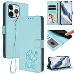 غطاء هاتف جلدي منقوش بقلب وقطة مع حزام يد، لهواتف iPhone Air، iPhone 16 Pro Max، iPhone 16 Pro، iPhone 16 Plus