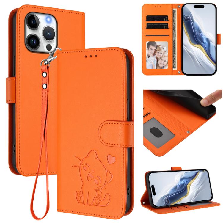 غطاء هاتف جلدي منقوش بقلب وقطة مع حزام يد، لهواتف iPhone Air، iPhone 16 Pro Max، iPhone 16 Pro، iPhone 16 Plus