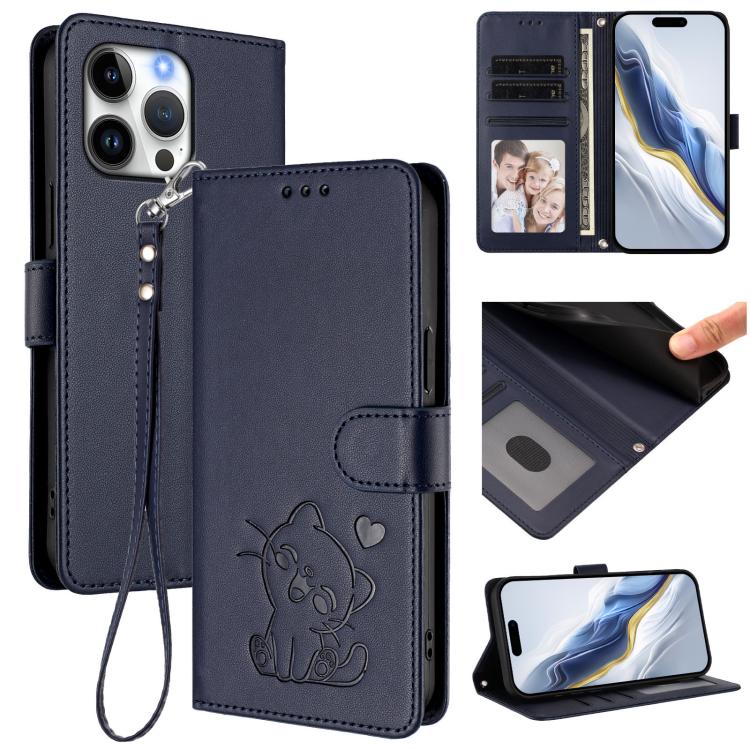 غطاء هاتف جلدي منقوش بقلب وقطة مع حزام يد، لهواتف iPhone Air، iPhone 16 Pro Max، iPhone 16 Pro، iPhone 16 Plus