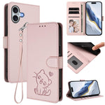 غطاء هاتف جلدي منقوش بقلب وقطة مع حزام يد، لهواتف iPhone Air، iPhone 16 Pro Max، iPhone 16 Pro، iPhone 16 Plus