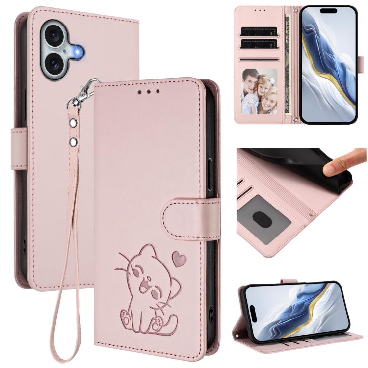 غطاء هاتف جلدي منقوش بقلب وقطة مع حزام يد، لهواتف iPhone Air، iPhone 16 Pro Max، iPhone 16 Pro، iPhone 16 Plus