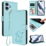 غطاء هاتف جلدي منقوش بقلب وقطة مع حزام يد، لهواتف iPhone Air، iPhone 16 Pro Max، iPhone 16 Pro، iPhone 16 Plus