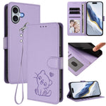 غطاء هاتف جلدي منقوش بقلب وقطة مع حزام يد، لهواتف iPhone Air، iPhone 16 Pro Max، iPhone 16 Pro، iPhone 16 Plus