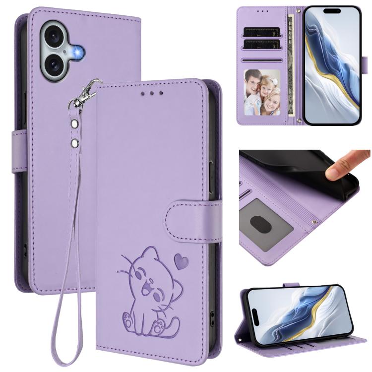غطاء هاتف جلدي منقوش بقلب وقطة مع حزام يد، لهواتف iPhone Air، iPhone 16 Pro Max، iPhone 16 Pro، iPhone 16 Plus