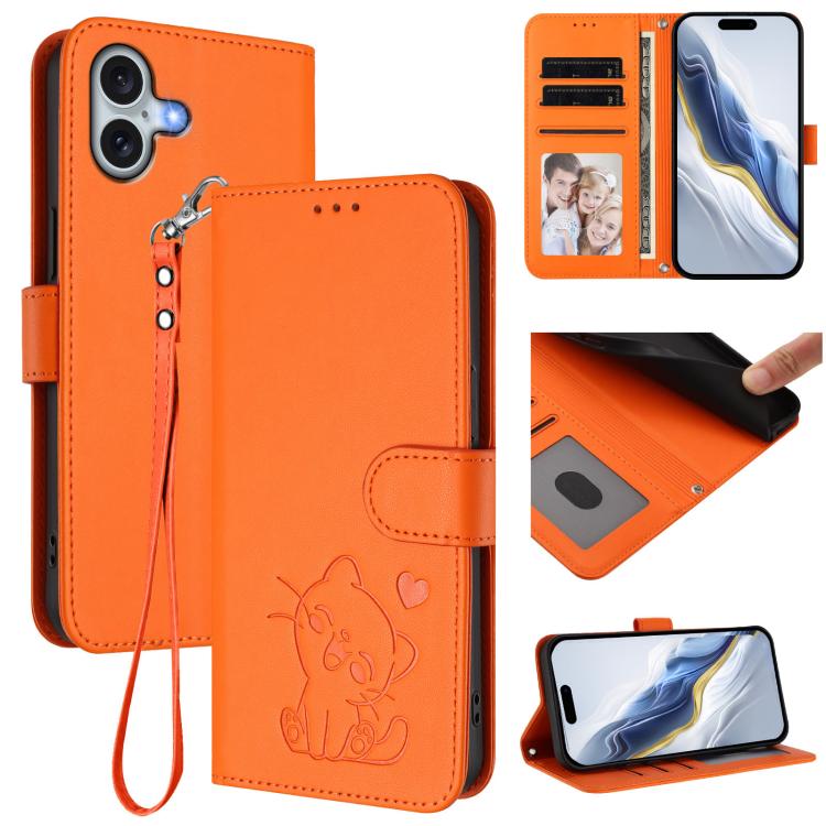 غطاء هاتف جلدي منقوش بقلب وقطة مع حزام يد، لهواتف iPhone Air، iPhone 16 Pro Max، iPhone 16 Pro، iPhone 16 Plus