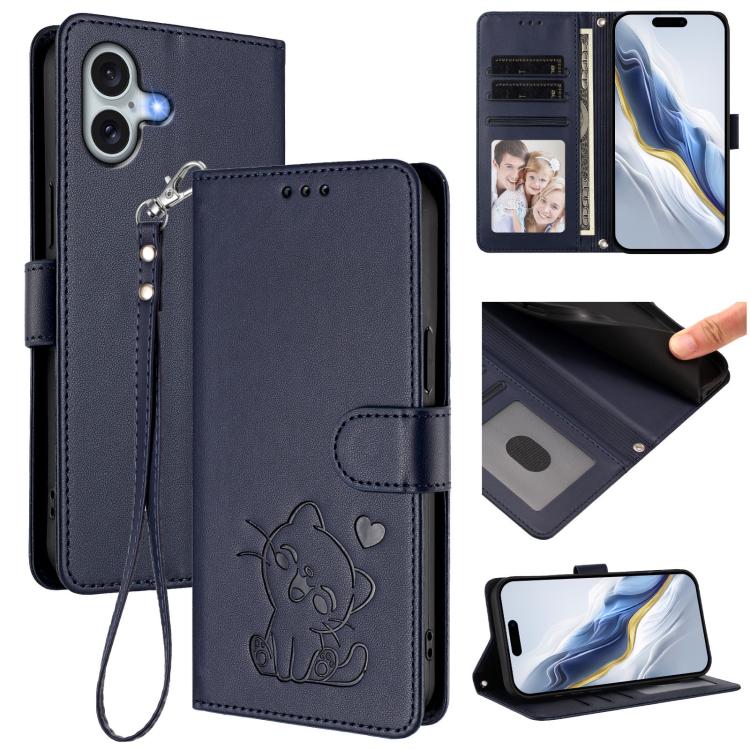 غطاء هاتف جلدي منقوش بقلب وقطة مع حزام يد، لهواتف iPhone Air، iPhone 16 Pro Max، iPhone 16 Pro، iPhone 16 Plus