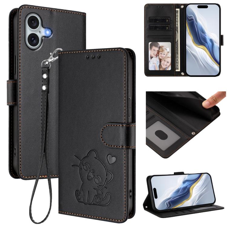غطاء هاتف جلدي منقوش بقلب وقطة مع حزام يد، لهواتف iPhone Air، iPhone 16 Pro Max، iPhone 16 Pro، iPhone 16 Plus