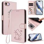 غطاء هاتف من الجلد بنقش قلب وقطة مع حزام يد، لهواتف iPhone 14 Pro Max، iPhone 7 / 8 / SE 2022، iPhone 13 Pro Max، iPhone 13 Pro