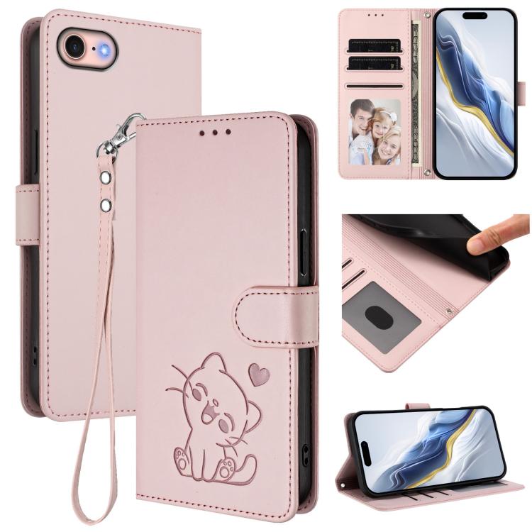 غطاء هاتف من الجلد بنقش قلب وقطة مع حزام يد، لهواتف iPhone 14 Pro Max، iPhone 7 / 8 / SE 2022، iPhone 13 Pro Max، iPhone 13 Pro