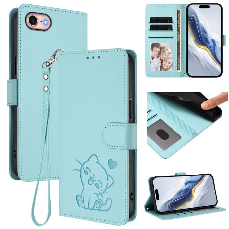 غطاء هاتف من الجلد بنقش قلب وقطة مع حزام يد، لهواتف iPhone 14 Pro Max، iPhone 7 / 8 / SE 2022، iPhone 13 Pro Max، iPhone 13 Pro
