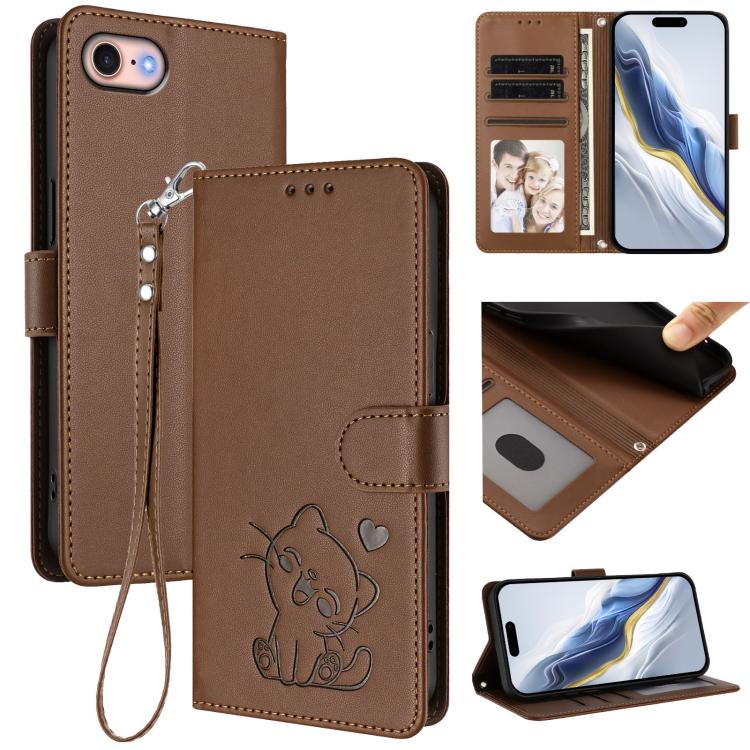 غطاء هاتف من الجلد بنقش قلب وقطة مع حزام يد، لهواتف iPhone 14 Pro Max، iPhone 7 / 8 / SE 2022، iPhone 13 Pro Max، iPhone 13 Pro