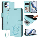غطاء هاتف جلدي بنقش قلب وقطة مع حزام يد، لهواتف iPhone 11 Pro Max، iPhone 11، iPhone 11 Pro، iPhone X / XS