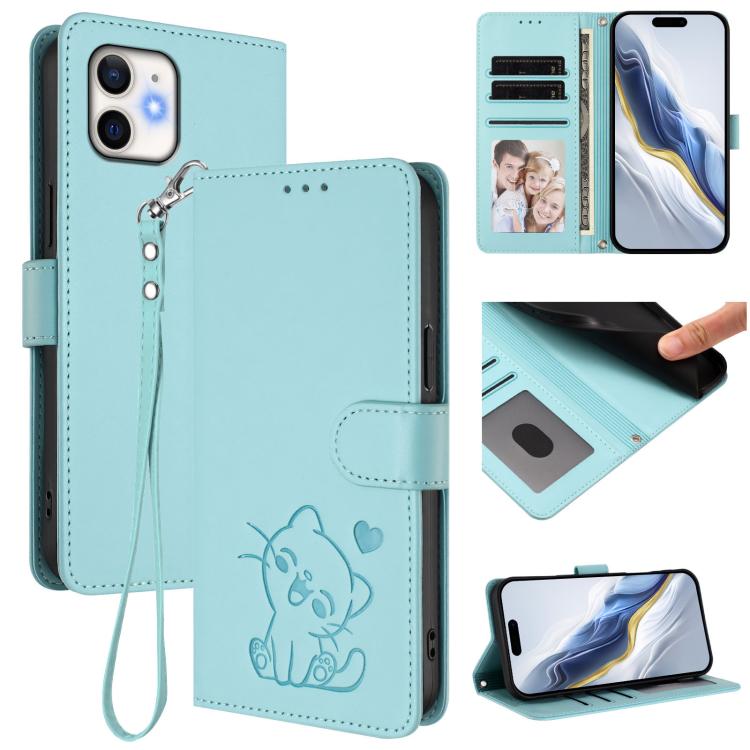 غطاء هاتف جلدي بنقش قلب وقطة مع حزام يد، لهواتف iPhone 11 Pro Max، iPhone 11، iPhone 11 Pro، iPhone X / XS