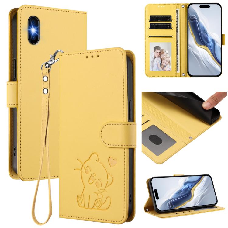 غطاء هاتف جلدي بنقش قلب وقطة مع حزام يد، لهواتف iPhone XR، iPhone XS Max، iPhone 7 Plus / 8 Plus