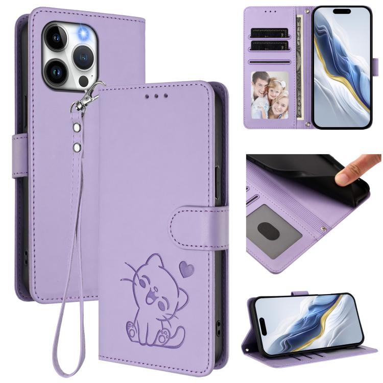 Embossed Heart Cat Leather Phone Case with Hand Strap, For iPhone 15, For iPhone 14 Plus, For iPhone 14 / 13, For iPhone 14 Pro