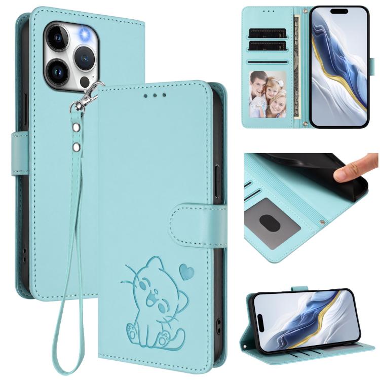 غطاء هاتف من الجلد بنقش قلب وقطة مع حزام يد، لهواتف iPhone 14 Pro Max، iPhone 7 / 8 / SE 2022، iPhone 13 Pro Max، iPhone 13 Pro
