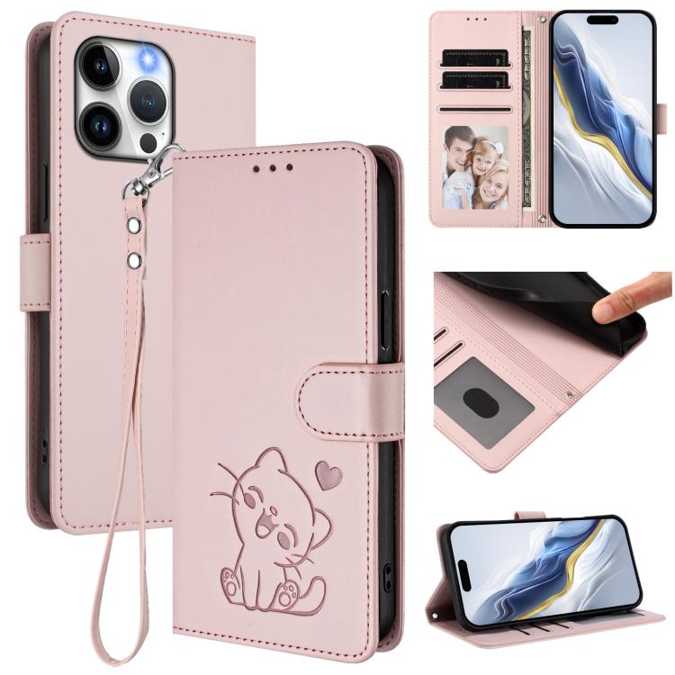غطاء هاتف من الجلد بنقش قلب وقطة مع حزام يد، لهواتف iPhone 14 Pro Max، iPhone 7 / 8 / SE 2022، iPhone 13 Pro Max، iPhone 13 Pro