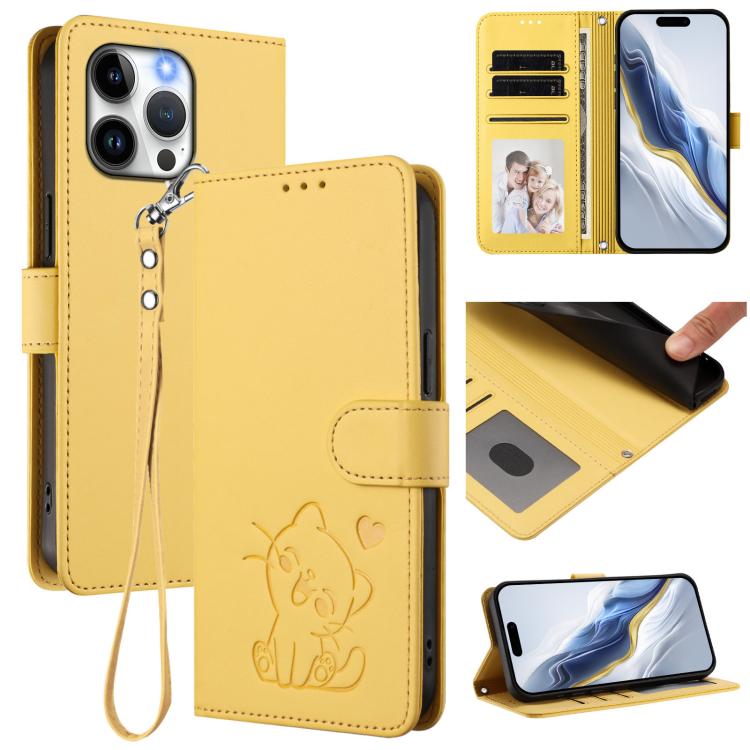 غطاء هاتف من الجلد بنقش قلب وقطة مع حزام يد، لهواتف iPhone 14 Pro Max، iPhone 7 / 8 / SE 2022، iPhone 13 Pro Max، iPhone 13 Pro