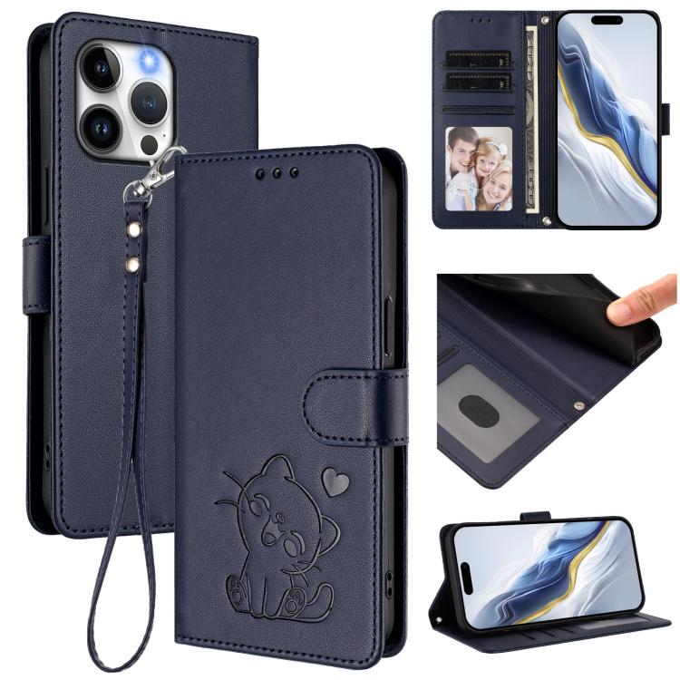 غطاء هاتف من الجلد بنقش قلب وقطة مع حزام يد، لهواتف iPhone 14 Pro Max، iPhone 7 / 8 / SE 2022، iPhone 13 Pro Max، iPhone 13 Pro