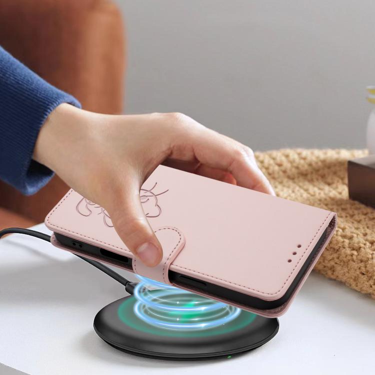غطاء هاتف جلدي بنقش قلب وقطة مع حزام يد، لهواتف iPhone 11 Pro Max، iPhone 11، iPhone 11 Pro، iPhone X / XS
