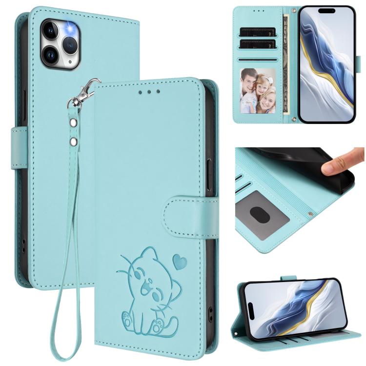 غطاء هاتف جلدي بنقش قلب وقطة مع حزام يد، لهواتف iPhone 11 Pro Max، iPhone 11، iPhone 11 Pro، iPhone X / XS