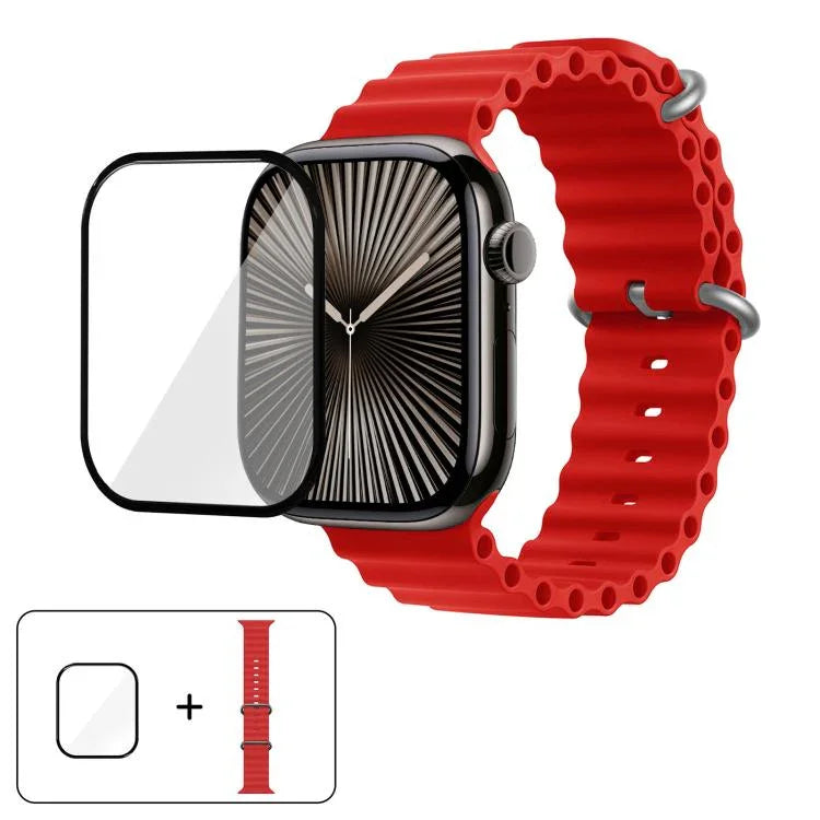 سوار ساعة سيليكون محيطي مع فيلم منحني ثلاثي الأبعاد، لسلسلة Apple Watch 10 مقاس 46مم، لسلسلة Apple Watch 10 مقاس 42مم، لسلسلة Apple Watch مقاس 44مم