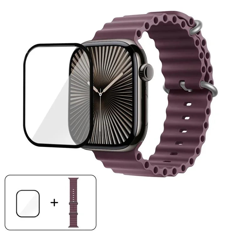 سوار ساعة سيليكون محيطي مع فيلم منحني ثلاثي الأبعاد، لسلسلة Apple Watch 10 مقاس 46مم، لسلسلة Apple Watch 10 مقاس 42مم، لسلسلة Apple Watch مقاس 44مم