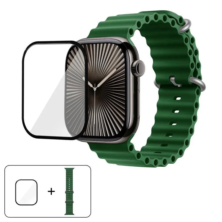 سوار ساعة سيليكون محيطي مع فيلم منحني ثلاثي الأبعاد، لسلسلة Apple Watch مقاس 40مم، لـ Apple Watch Ultra 2 / 1 مقاس 49مم، لسلسلة Apple Watch مقاس 45مم