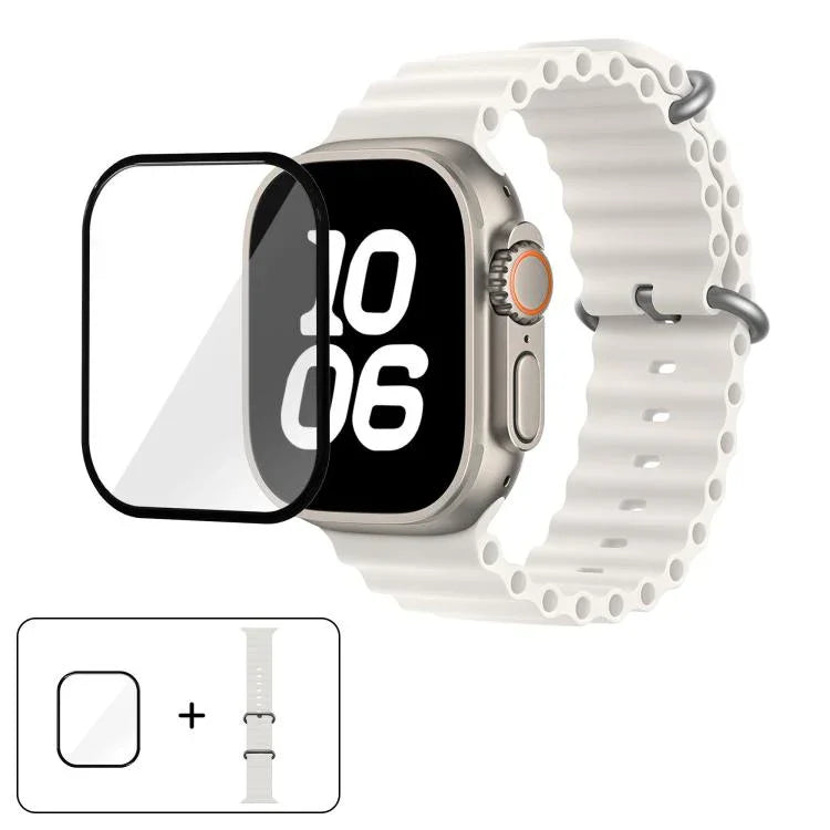 سوار ساعة سيليكون محيطي مع فيلم منحني ثلاثي الأبعاد، لسلسلة Apple Watch مقاس 40مم، لـ Apple Watch Ultra 2 / 1 مقاس 49مم، لسلسلة Apple Watch مقاس 45مم