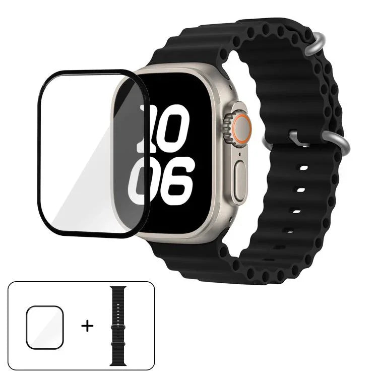 سوار ساعة سيليكون محيطي مع فيلم منحني ثلاثي الأبعاد، لسلسلة Apple Watch مقاس 40مم، لـ Apple Watch Ultra 2 / 1 مقاس 49مم، لسلسلة Apple Watch مقاس 45مم