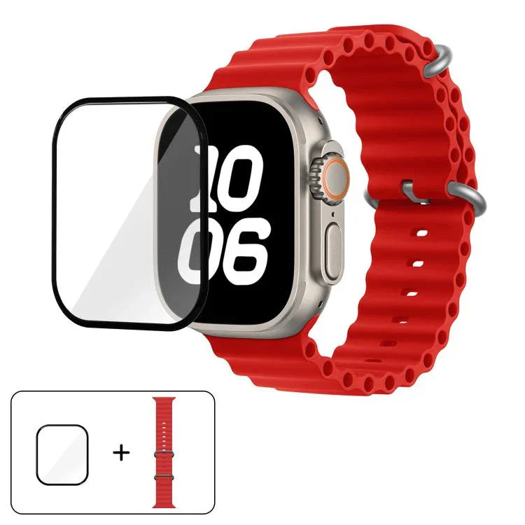 سوار ساعة سيليكون محيطي مع فيلم منحني ثلاثي الأبعاد، لسلسلة Apple Watch مقاس 40مم، لـ Apple Watch Ultra 2 / 1 مقاس 49مم، لسلسلة Apple Watch مقاس 45مم