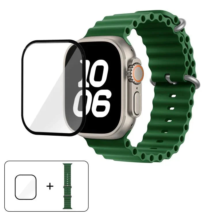 سوار ساعة سيليكون محيطي مع فيلم منحني ثلاثي الأبعاد، لسلسلة Apple Watch مقاس 40مم، لـ Apple Watch Ultra 2 / 1 مقاس 49مم، لسلسلة Apple Watch مقاس 45مم