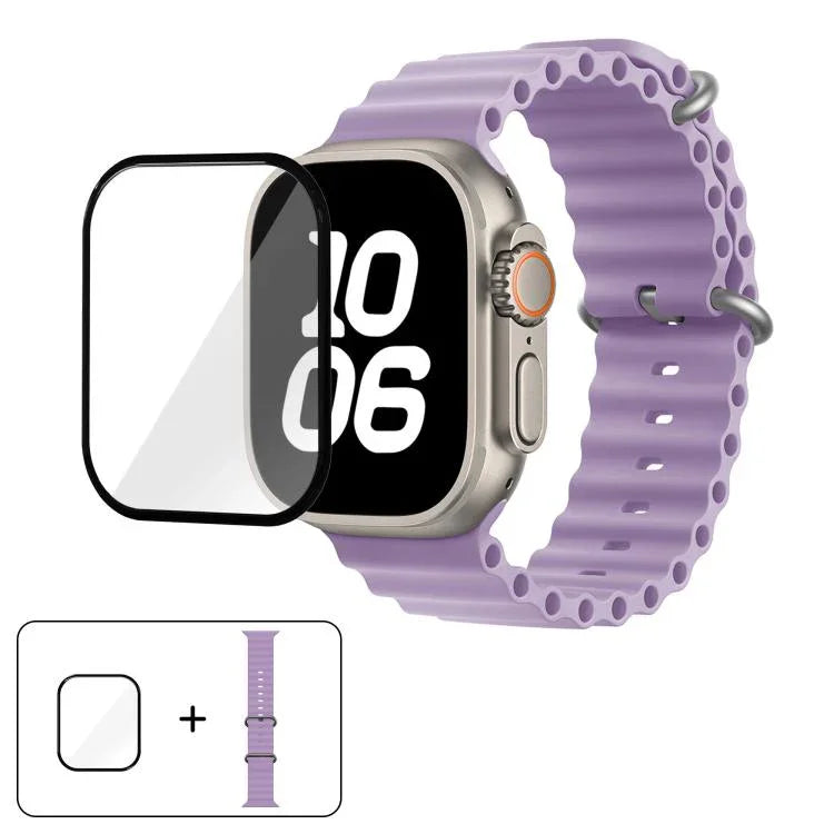 سوار ساعة سيليكون محيطي مع فيلم منحني ثلاثي الأبعاد، لسلسلة Apple Watch مقاس 40مم، لـ Apple Watch Ultra 2 / 1 مقاس 49مم، لسلسلة Apple Watch مقاس 45مم