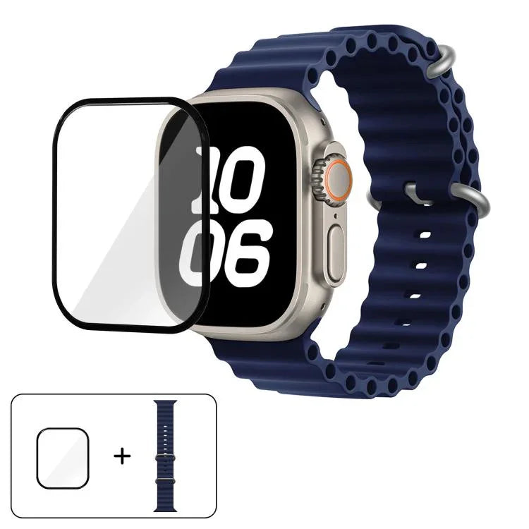 سوار ساعة سيليكون محيطي مع فيلم منحني ثلاثي الأبعاد، لسلسلة Apple Watch مقاس 40مم، لـ Apple Watch Ultra 2 / 1 مقاس 49مم، لسلسلة Apple Watch مقاس 45مم