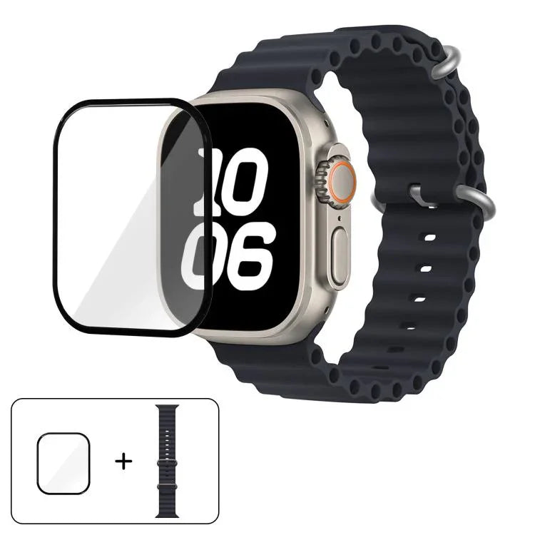سوار ساعة سيليكون محيطي مع فيلم منحني ثلاثي الأبعاد، لسلسلة Apple Watch مقاس 40مم، لـ Apple Watch Ultra 2 / 1 مقاس 49مم، لسلسلة Apple Watch مقاس 45مم